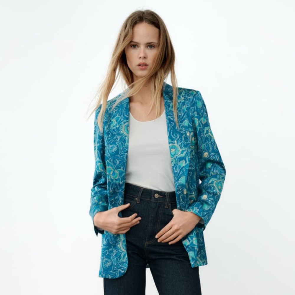 ZARA | Satin Effect Blue PRINTED BLAZER | NWOT